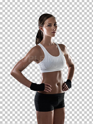 Buy stock photo Confident, woman and portrait of athlete for fitness, exercise or sports training on transparent, isolated or png background. Girl, serious and face with focus for workout, gym or competition