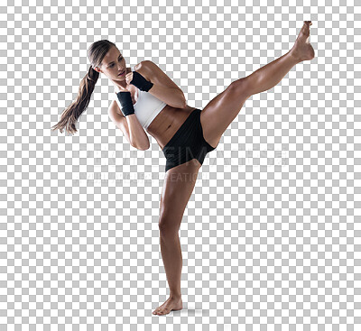 Buy stock photo Kickboxing, fitness or sports woman fighter training for leg power isolated on transparent png background. Balance, healthy Muay Thai athlete or strong girl kickboxer kicking in workout exercise 