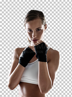 Buy stock photo Woman, hands and martial arts with sport and exercise in portrait, boxing and training isolated on transparent png background. Strong female boxer, athlete and start fight with self defense and MMA