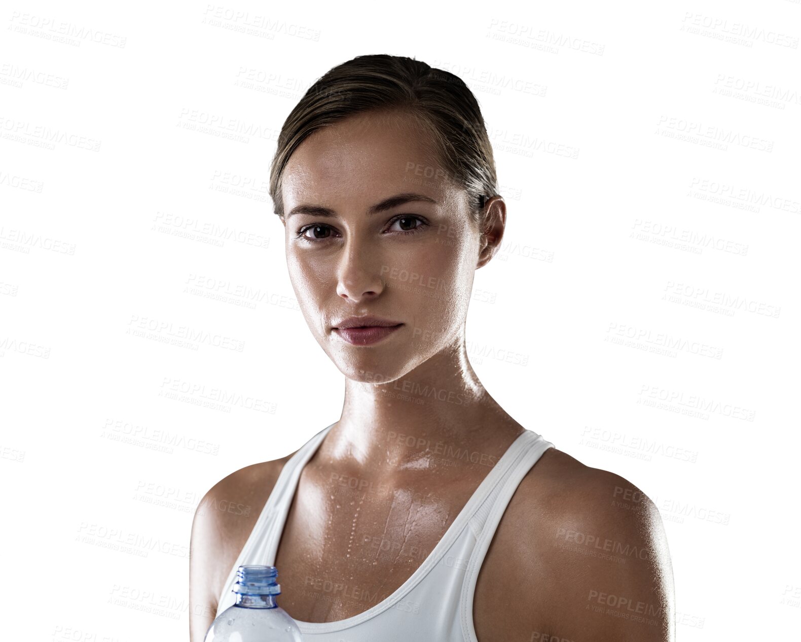 Buy stock photo Relax, portrait or woman sweating with water bottle in training, workout or exercise for wellness. Fatigue, sport or tired face of girl resting on fitness break isolated on transparent png background