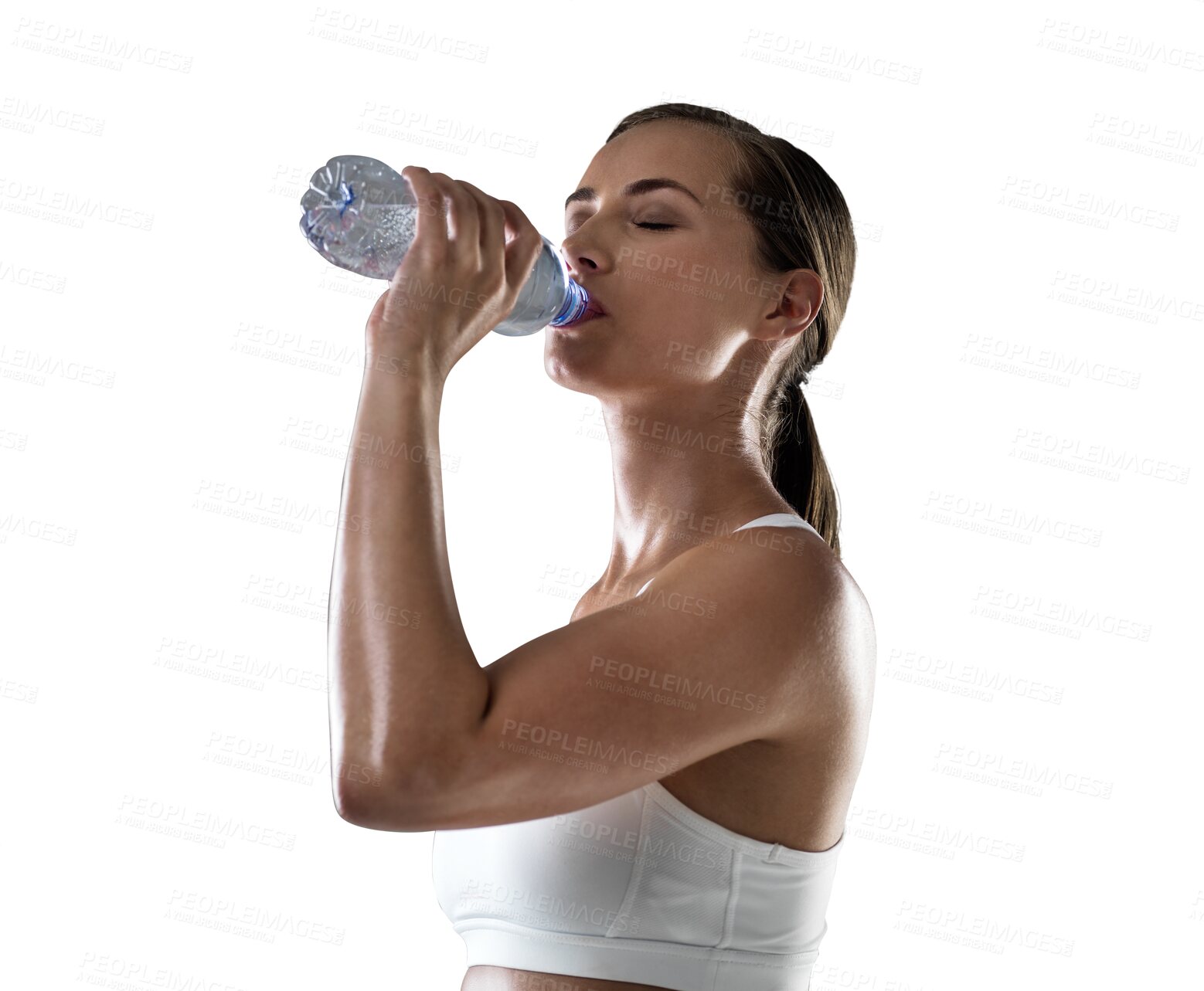 Buy stock photo Woman, drinking water and bottle, fitness and health, thirsty with hydration isolated on transparent png background. Female athlete drink h2o after workout, healthy and wellness with aqua liquid 