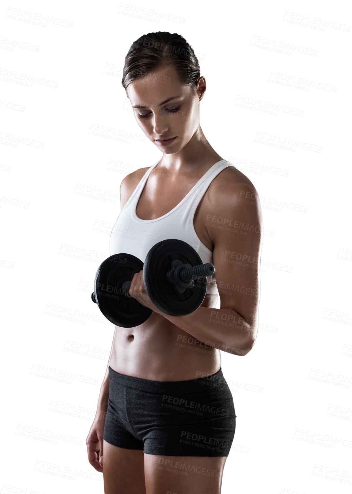 Buy stock photo Training, dumbbell and girl with strong muscles at gym in png or isolated in transparent background. Workout, body building and weights with strength and female person with bicep, goals, slim.