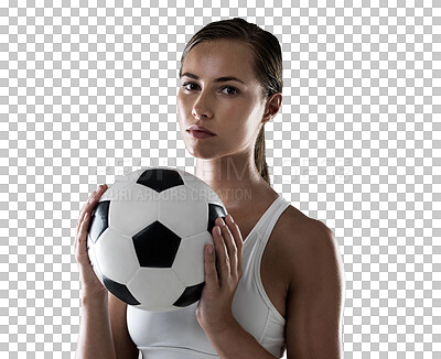 Buy stock photo Woman, soccer ball in hands and portrait with sports, player and training for match isolated on png transparent background. Young female athlete, football game and sportswear, fitness with health