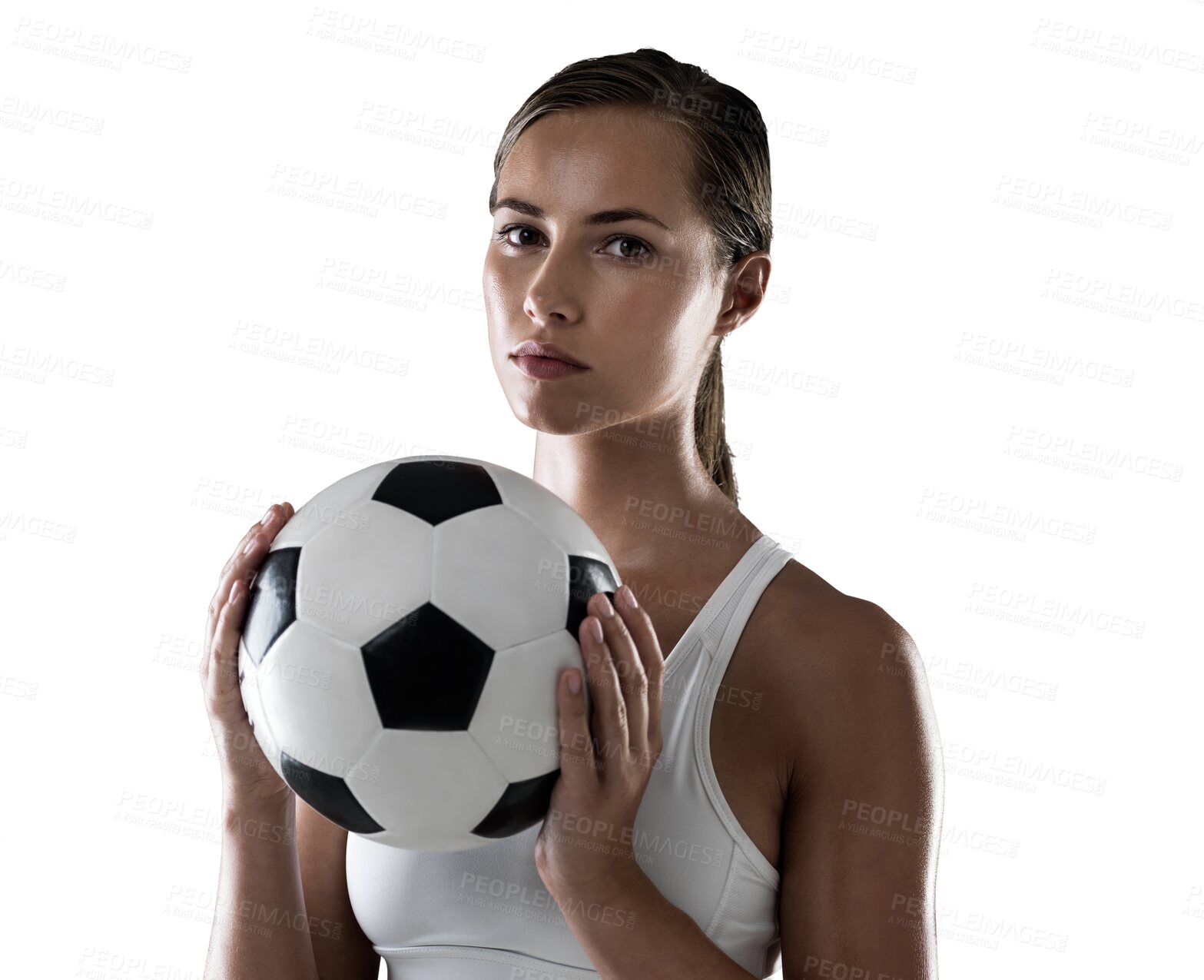 Buy stock photo Woman, soccer ball in hands and portrait with sports, player and training for match isolated on png transparent background. Young female athlete, football game and sportswear, fitness with health