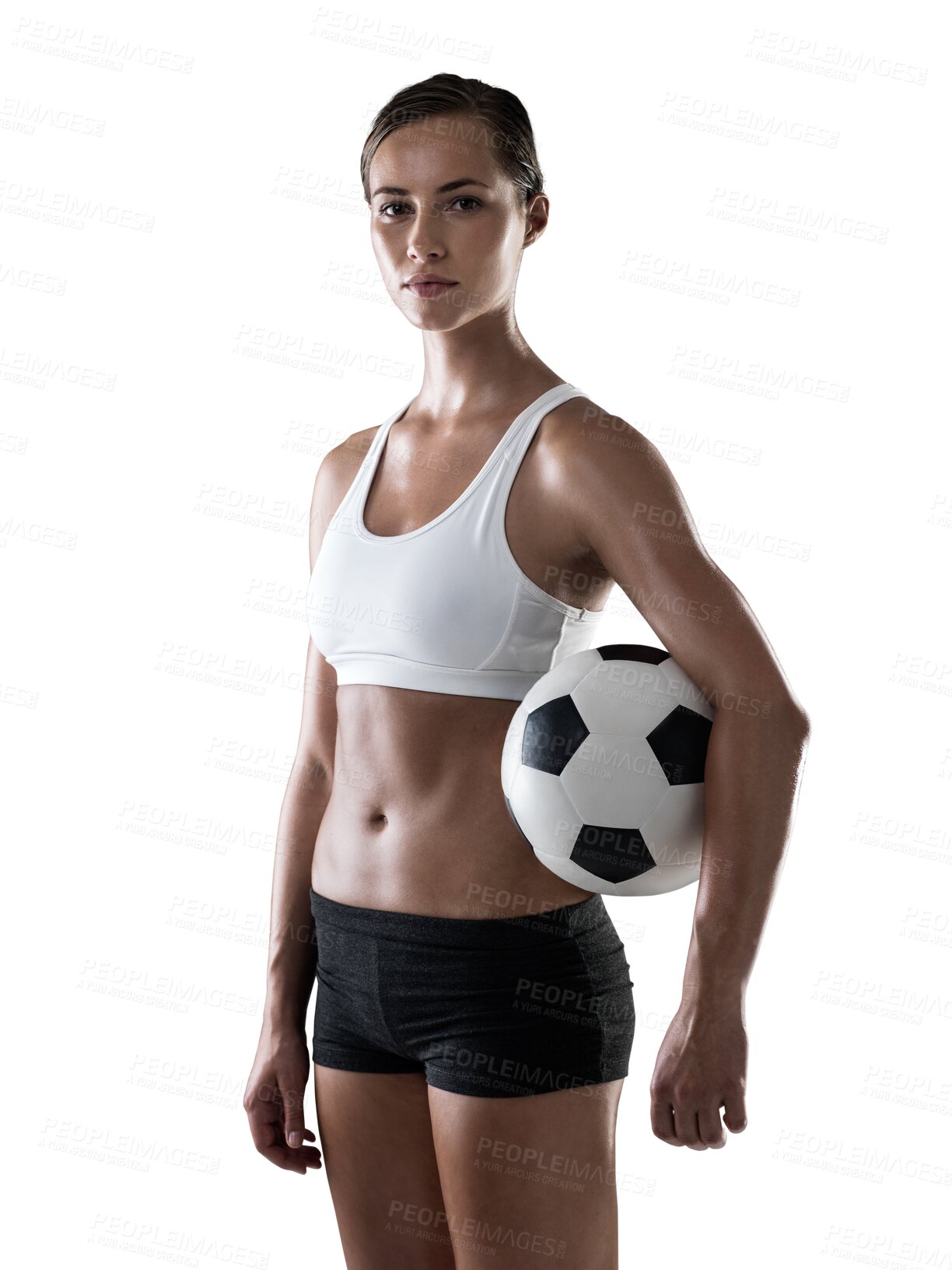 Buy stock photo Woman, sports and soccer ball in portrait with fitness, player and training for match isolated on png transparent background. Young female athlete, football game and sportswear, exercise with health