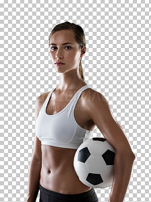 Buy stock photo Woman, soccer ball with sports and exercise, training for match and athlete in portrait isolated on png transparent background. Serious female football player, game and sportswear, fitness and health