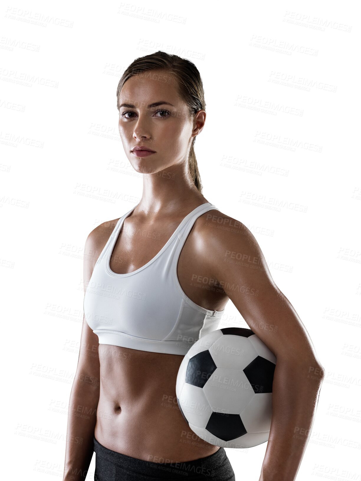 Buy stock photo Woman, soccer ball with sports and exercise, training for match and athlete in portrait isolated on png transparent background. Serious female football player, game and sportswear, fitness and health