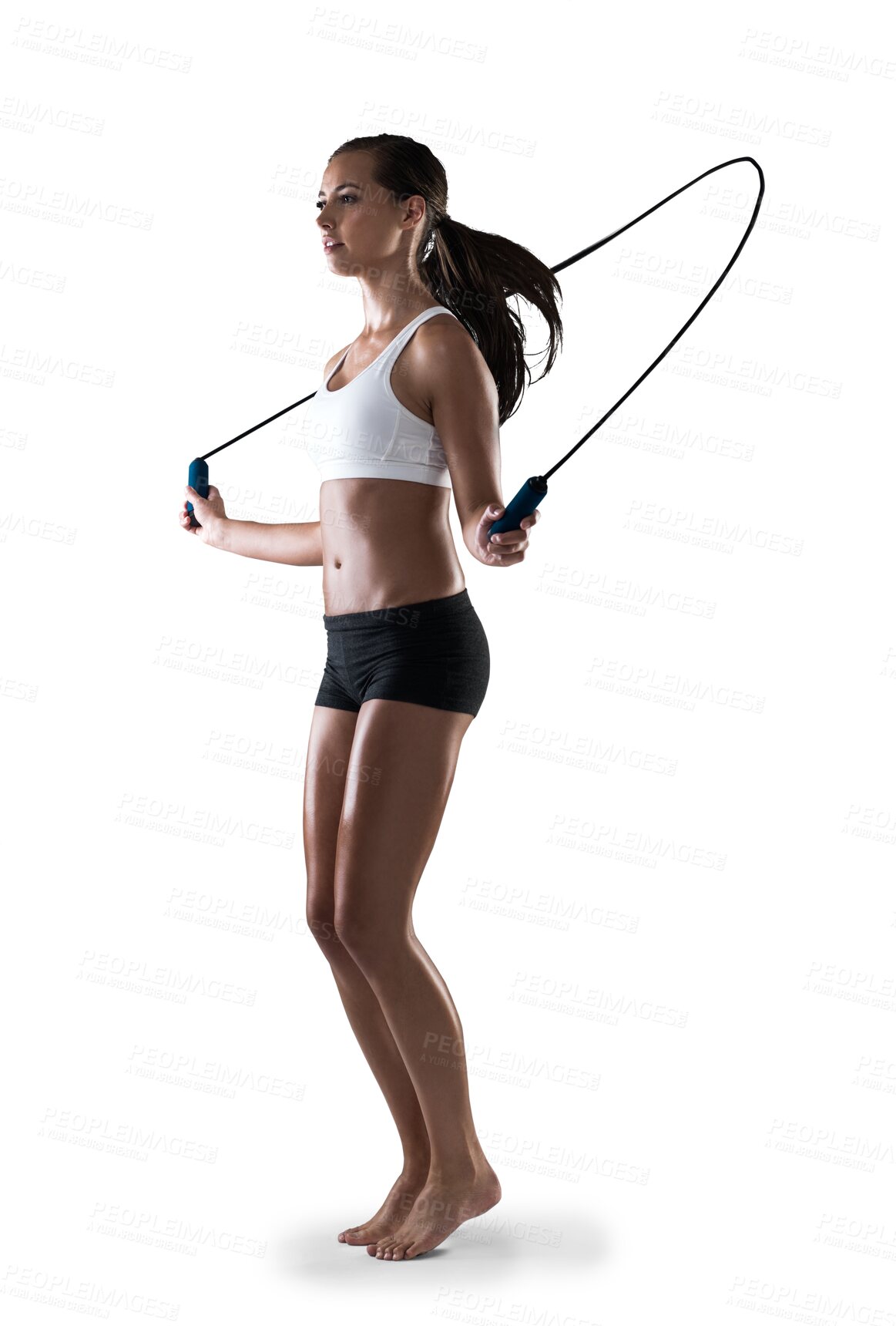 Buy stock photo Woman, fitness and skipping rope for workout, exercise or training isolated on a transparent PNG background. Fit, active and sporty female person exercising body with jumping ropes for healthy cardio