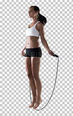 Buy stock photo Woman, fitness and jumping rope for workout, exercise or training isolated on a transparent PNG background. Fit, active and sporty female person exercising body with skipping ropes for healthy cardio