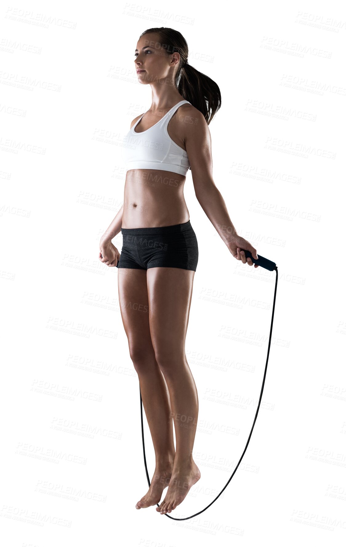 Buy stock photo Woman, fitness and jumping rope for workout, exercise or training isolated on a transparent PNG background. Fit, active and sporty female person exercising body with skipping ropes for healthy cardio