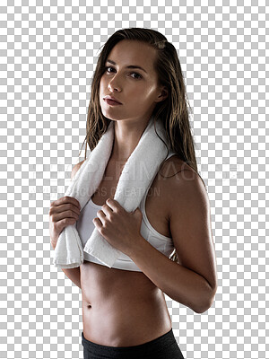 Buy stock photo Serious woman, portrait and fitness with towel for sweat, exercise or workout isolated on a transparent PNG background. Fit and active female person standing in confidence for healthy body or cardio