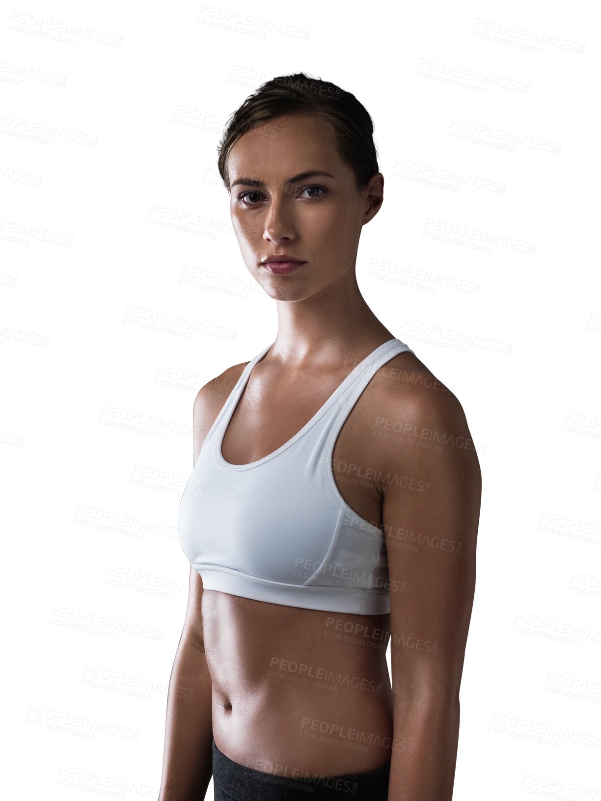 Buy stock photo Confident, woman and portrait of athlete for fitness, exercise or sports training on transparent, isolated or png background. Girl, serious and face with focus for workout, gym or competition