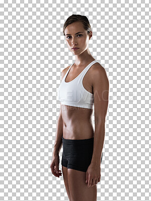 Buy stock photo Confident, athlete and portrait of woman for fitness, exercise or sports training on transparent, isolated or png background. Girl, serious and face with focus for workout, gym or competition