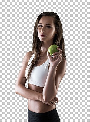 Buy stock photo Woman, fitness and apple for natural nutrition or vitamin C isolated on a transparent PNG background. Portrait of fit and active female person with organic fruit for healthy diet, food or lose weight