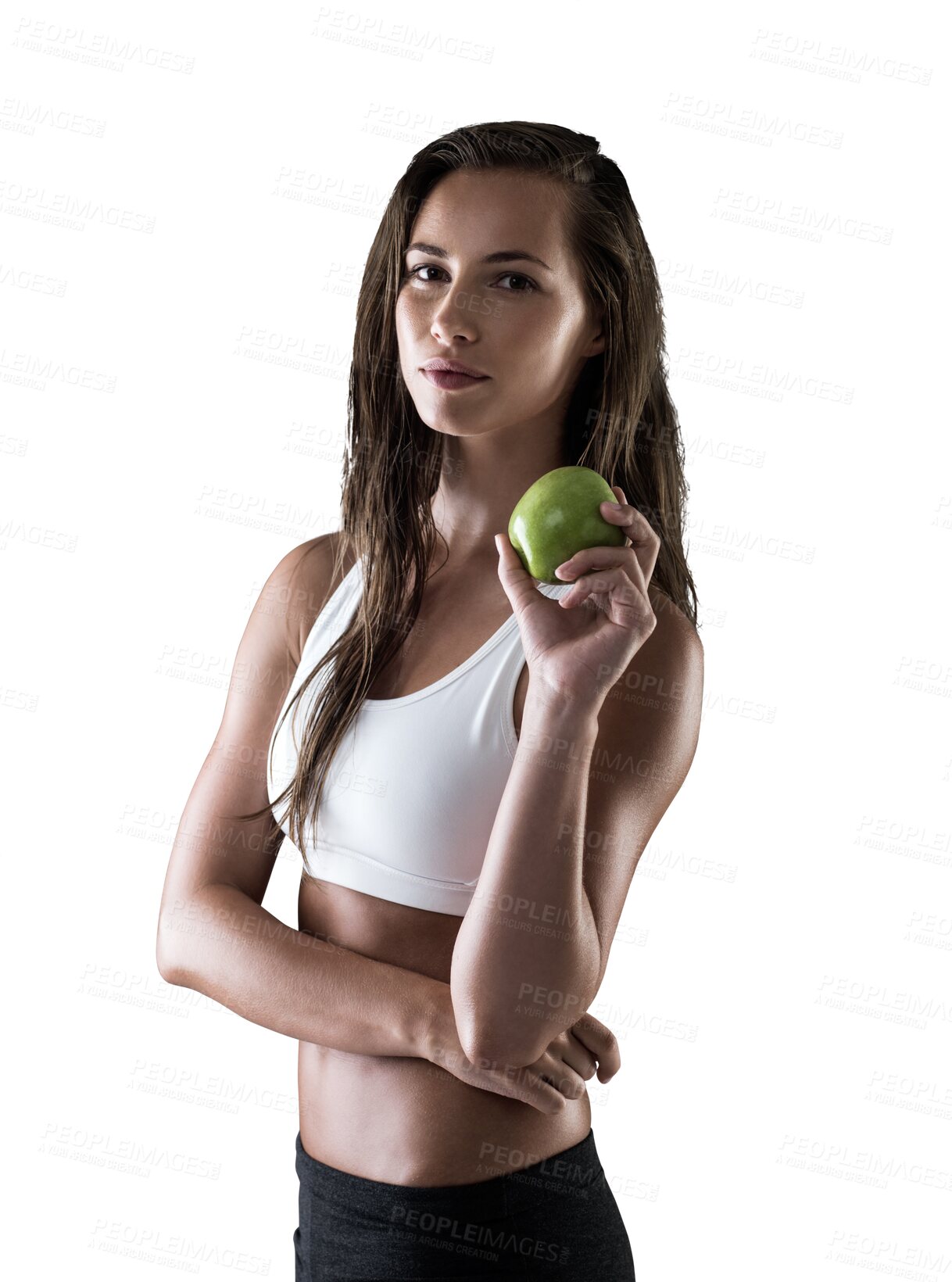 Buy stock photo Woman, fitness and apple for natural nutrition or vitamin C isolated on a transparent PNG background. Portrait of fit and active female person with organic fruit for healthy diet, food or lose weight