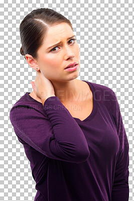 Buy stock photo Woman in portrait, neck pain and spine injury with medical problem isolated on transparent png background. Anatomy, health emergency and crisis, female person with joint ache, hurt and inflammation