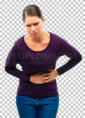 Buy stock photo Stomach ache, endometriosis and woman with gut health and menstruation pain isolated on transparent png background. Medical problem, digestion and constipation, female person sick with period cramps