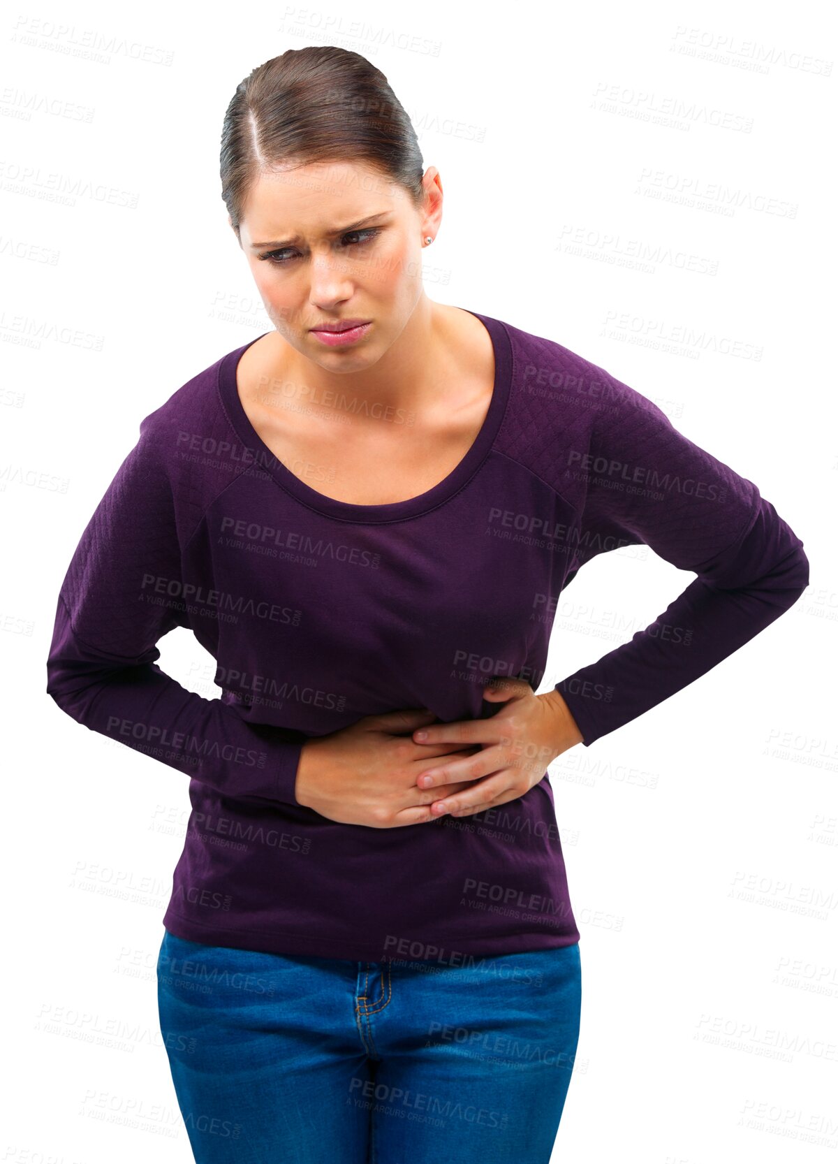 Buy stock photo Stomach ache, endometriosis and woman with gut health and menstruation pain isolated on transparent png background. Medical problem, digestion and constipation, female person sick with period cramps