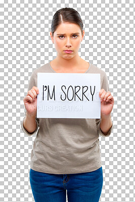 Buy stock photo Sorry, sign and portrait of sad woman with paper, board or poster with apology on transparent, isolated or png background. Girl, apologize and communication asking to forgive, mistake or fail