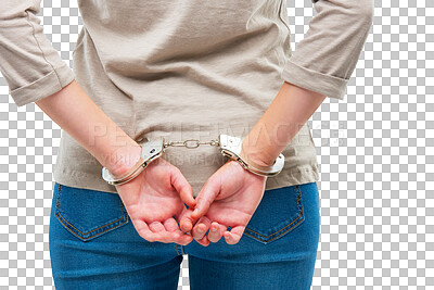 Buy stock photo Arrest, handcuffs and crime with hands of woman on transparent background for law, prisoner and illegal. Guilty, jail and security with person in chains isolated on png for thief, criminal or justice