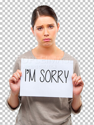 Buy stock photo Sign, sorry and portrait of sad woman with paper, board or poster with apology on transparent, isolated or png background. Girl, apologize and communication asking to forgive, mistake or fail