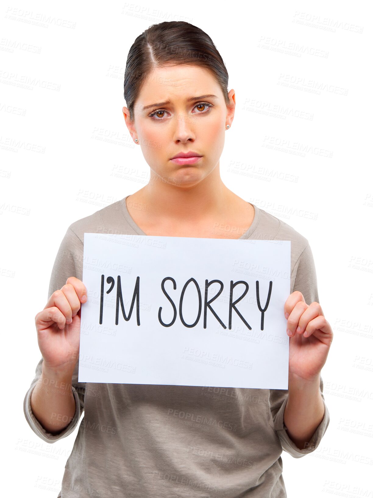 Buy stock photo Sign, sorry and portrait of sad woman with paper, board or poster with apology on transparent, isolated or png background. Girl, apologize and communication asking to forgive, mistake or fail