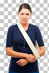 Arm, injury and portrait of woman in a sling, first aid and medical bandage with pain from accident or trauma on transparent, isolated or png background. Girl with broken arm, hurt or injured person