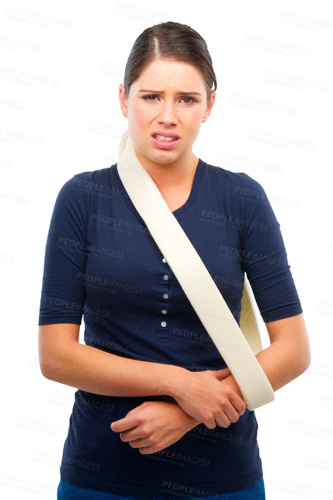 Buy stock photo Arm, injury and portrait of woman in a sling, first aid and medical bandage with pain from accident or trauma on transparent, isolated or png background. Girl with broken arm, hurt or injured person