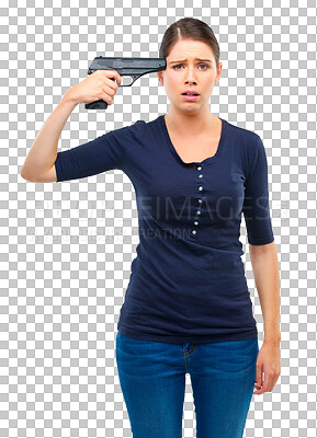 Buy stock photo Portrait, gun and suicide with a woman isolated on transparent background feeling hopeless about mental health. Anxiety, depression and death with a scared young female person holding a weapon on PNG