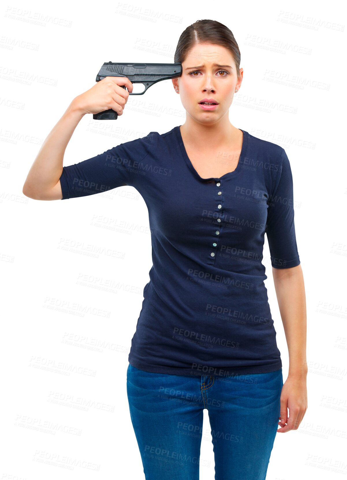 Buy stock photo Portrait, gun and suicide with a woman isolated on transparent background feeling hopeless about mental health. Anxiety, depression and death with a scared young female person holding a weapon on PNG