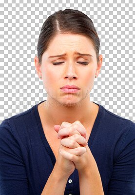 Buy stock photo Praying, hands and sad woman with faith, hope and spiritual help, support or religion isolated on transparent png background. God, worship and person in prayer sign or emoji, wellness or depression