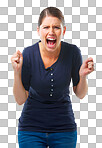 Portrait, burnout and shouting with a frustrated woman isolated on a transparent background in distress. Anxiety, rage or mental health with an angry young female person screaming loud on PNG