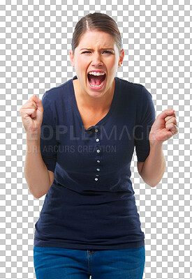 Buy stock photo Portrait, burnout and shouting with a frustrated woman isolated on a transparent background in distress. Anxiety, rage or mental health with an angry young female person screaming loud on PNG