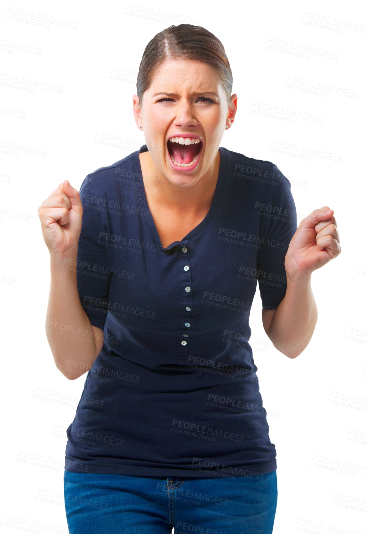 Buy stock photo Portrait, burnout and shouting with a frustrated woman isolated on a transparent background in distress. Anxiety, rage or mental health with an angry young female person screaming loud on PNG