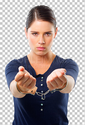 Buy stock photo Handcuffs, portrait and woman with crime, law and security for legal problem, fraud and justice. Face of angry person or criminal arrest for scam or corruption isolated on transparent png background