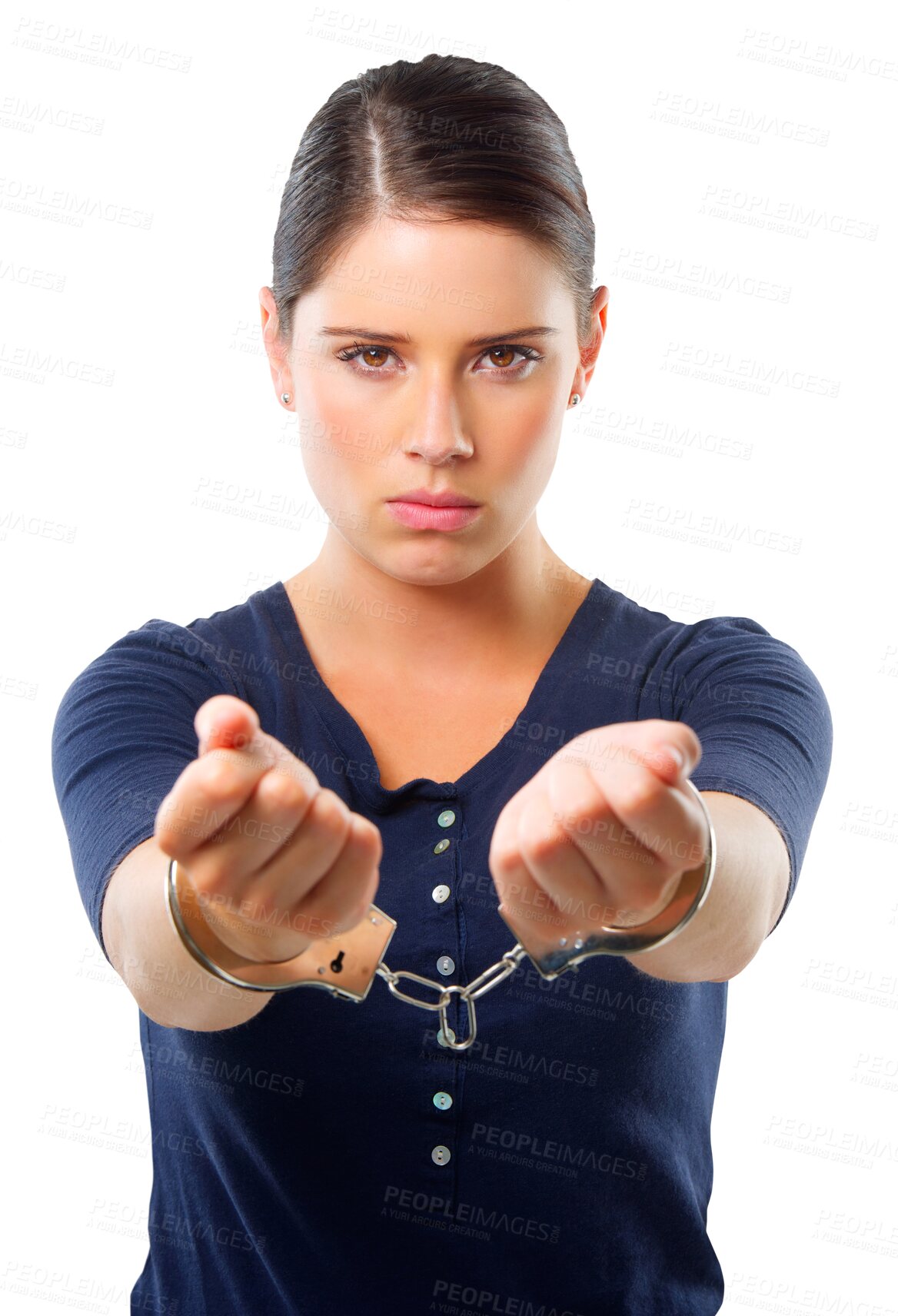 Buy stock photo Handcuffs, portrait and woman with crime, law and security for legal problem, fraud and justice. Face of angry person or criminal arrest for scam or corruption isolated on transparent png background