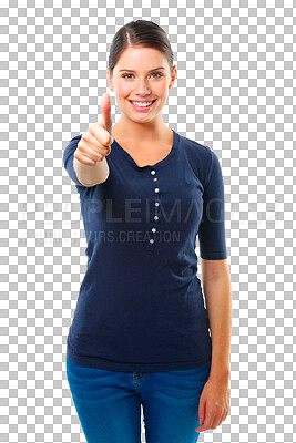 Buy stock photo Portrait, smile and woman with thumbs up isolated on a transparent png background. Happy, like hand gesture and person with emoji for review excellence, vote for winner and thank you for feedback.