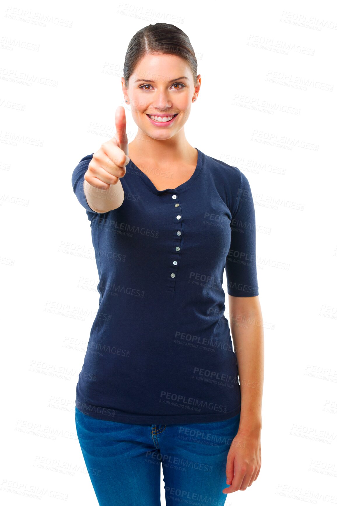 Buy stock photo Portrait, smile and woman with thumbs up isolated on a transparent png background. Happy, like hand gesture and person with emoji for review excellence, vote for winner and thank you for feedback.