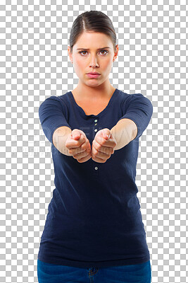 Buy stock photo Arrest, handcuffs and criminal with portrait of woman on transparent background for law, prisoner and illegal. Guilty, jail and security with person isolated on png for thief, crime or justice 