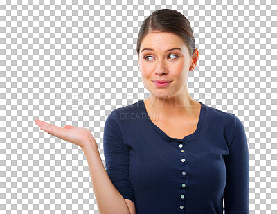 Buy stock photo Palm, choice and woman thinking, offer or presentation for news or ideas isolated on transparent background. Hand sign, giving or decision of young person with decision, why emoji or questions on png