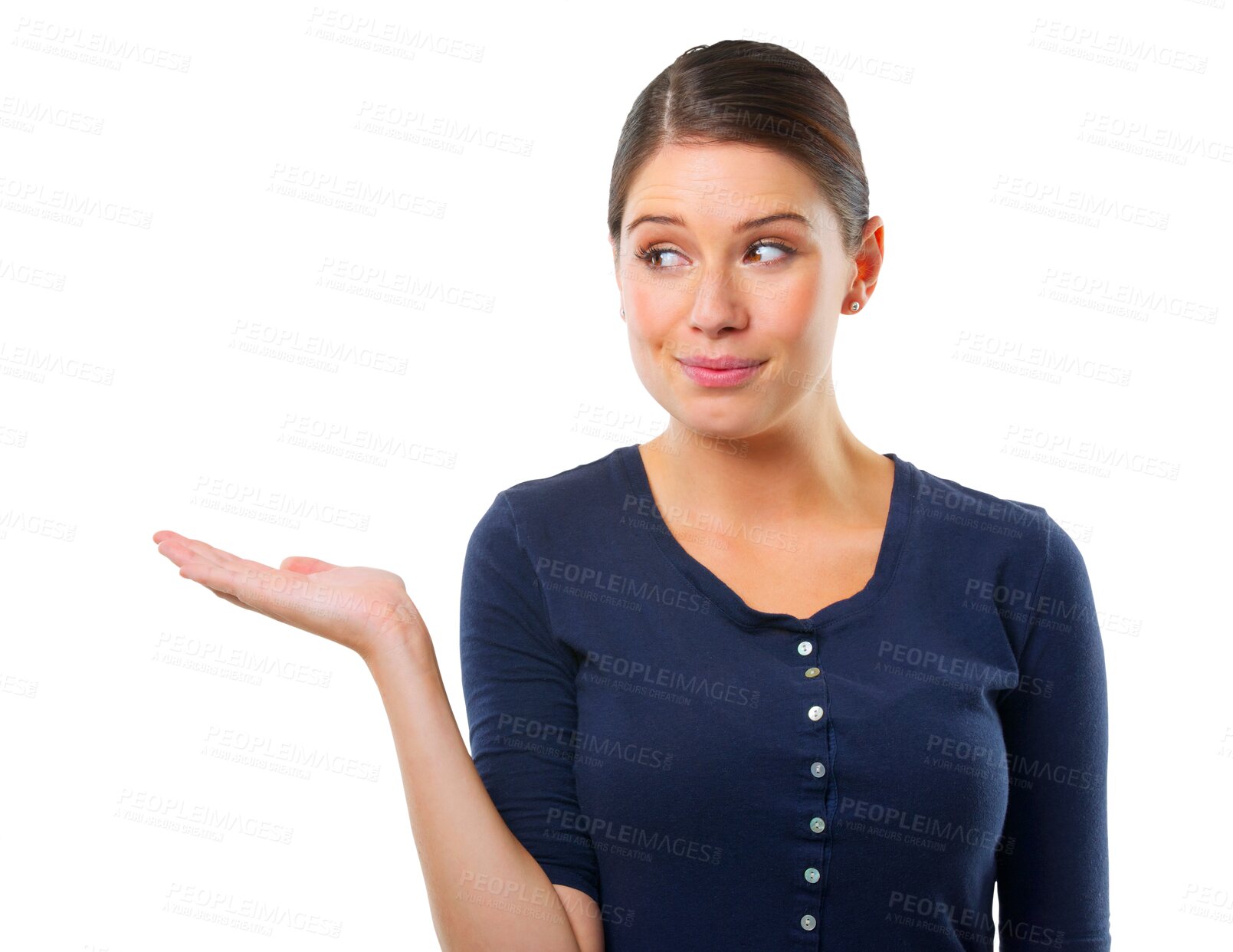 Buy stock photo Palm, choice and woman thinking, offer or presentation for news or ideas isolated on transparent background. Hand sign, giving or decision of young person with decision, why emoji or questions on png