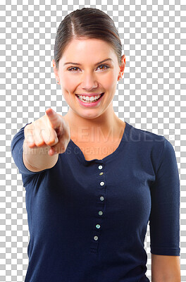 Buy stock photo Happy portrait, woman and pointing to you for choice, selection or winning, success and opportunity. Face of young person with vote or decision or press screen isolated on transparent, png background