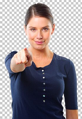 Buy stock photo Pointing, happy and portrait of woman on transparent background for choice, motivation and decision. Happiness, confidence and pride with person isolated on png for hand gesture and opportunity 