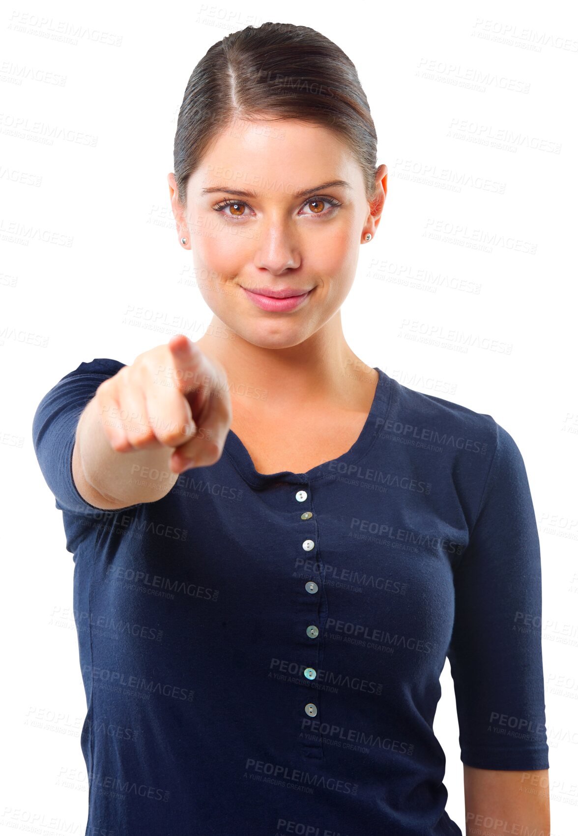 Buy stock photo Pointing, happy and portrait of woman on transparent background for choice, motivation and decision. Happiness, confidence and pride with person isolated on png for hand gesture and opportunity 