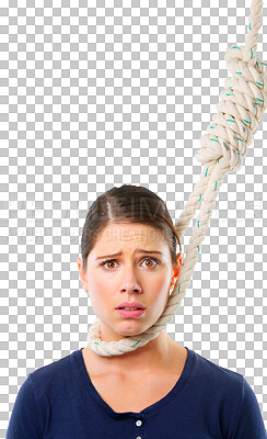 Buy stock photo Portrait, suicide and woman with noose around her neck isolated on a transparent png background. Face, suicidal and person with rope for depression, death and stress, anxiety or mental health problem