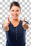 Happy, portrait and woman with thumbs up isolated on a transparent png background. Face, like hand gesture and person with emoji for review excellence, vote for winner and thank you for feedback.