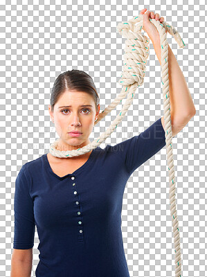 Buy stock photo Suicide, portrait and woman with rope around her neck isolated on a transparent png background. Face, suicidal and person with noose for depression, death and stress, anxiety or mental health problem