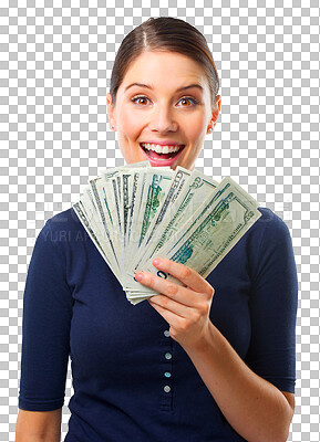 Buy stock photo Money, fan and happy portrait of woman, winner and success or lottery, cashback and bonus. Excited, wow and surprise face of person, cash and financial freedom isolated on transparent png background