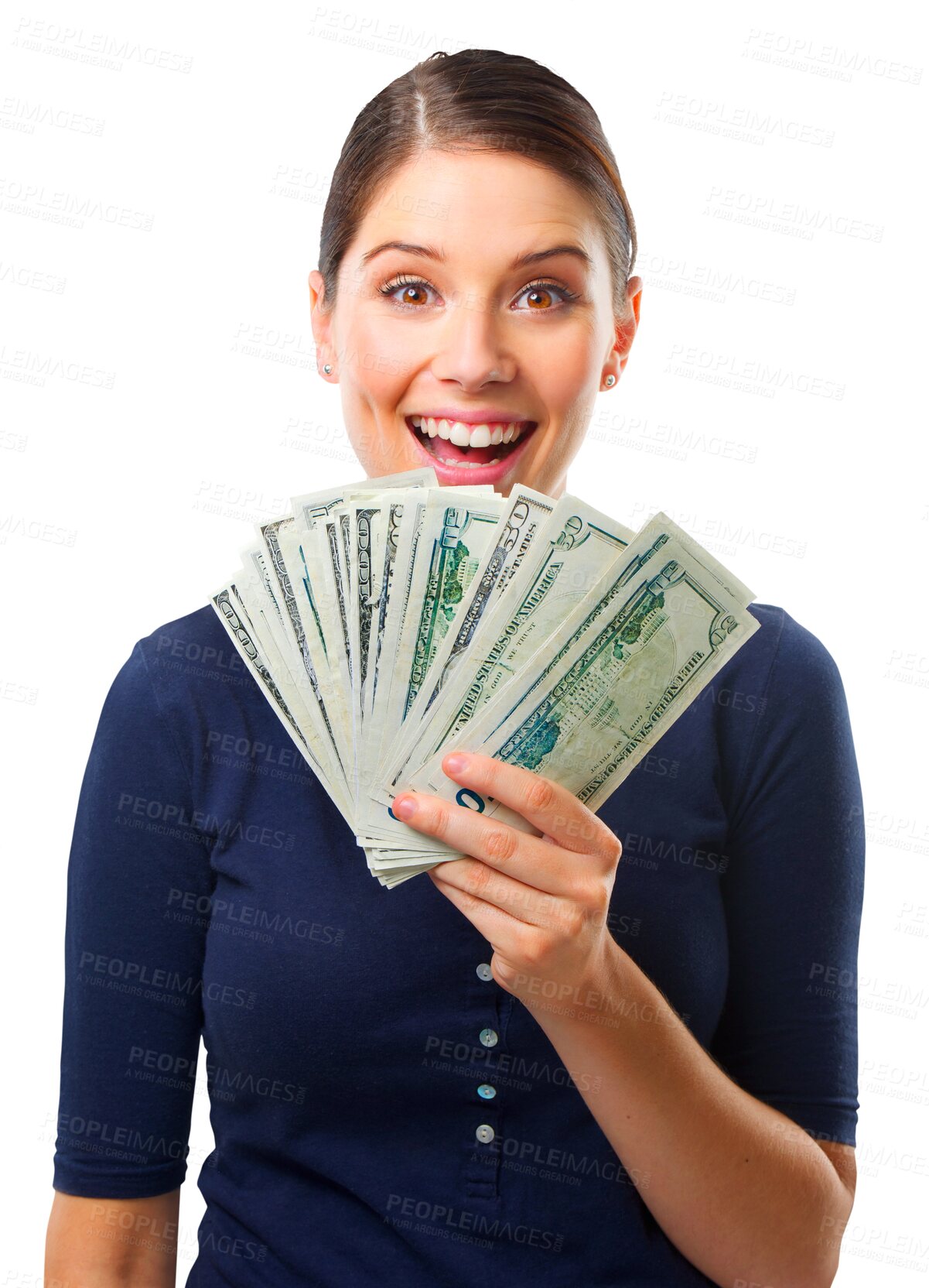 Buy stock photo Money, fan and happy portrait of woman, winner and success or lottery, cashback and bonus. Excited, wow and surprise face of person, cash and financial freedom isolated on transparent png background