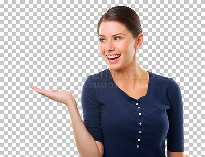 Buy stock photo Hand, choice and happy woman for offer, presentation or information isolated on transparent png background. Palm sign, giving or decision of young person or model for ideas,  inspiration or questions